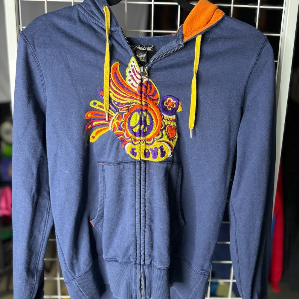 Vintage Lucky Brand Hoodie Bird Crane Peace Embroidered Y2K Boho